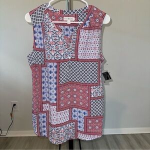Kim Rogers Women’s Red White Blue Americana Sleeveless V Neck Blouse Size Medium